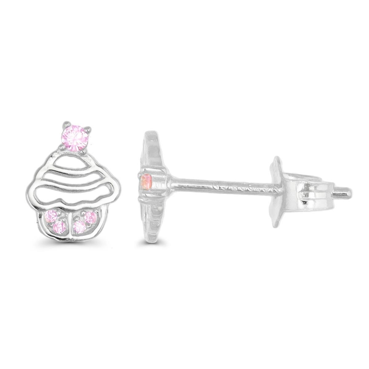 Sterling Silver Rhodium 9X7MM Polished Cupcake Pink CZ Stud Earring