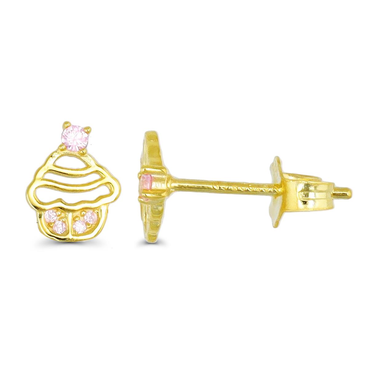 Sterling Silver Yellow 1 Micron 9X7MM Polished Cupcake Pink CZ Stud Earring