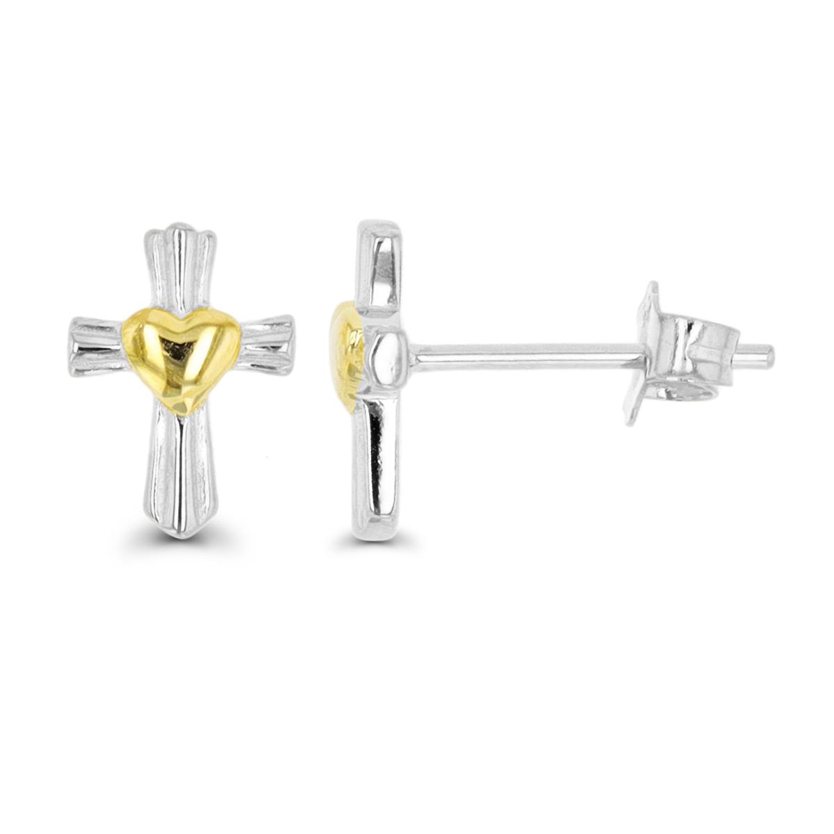 Sterling Silver Rhodium & Yellow 10X7MM Cross Heart Polished Stud Earring