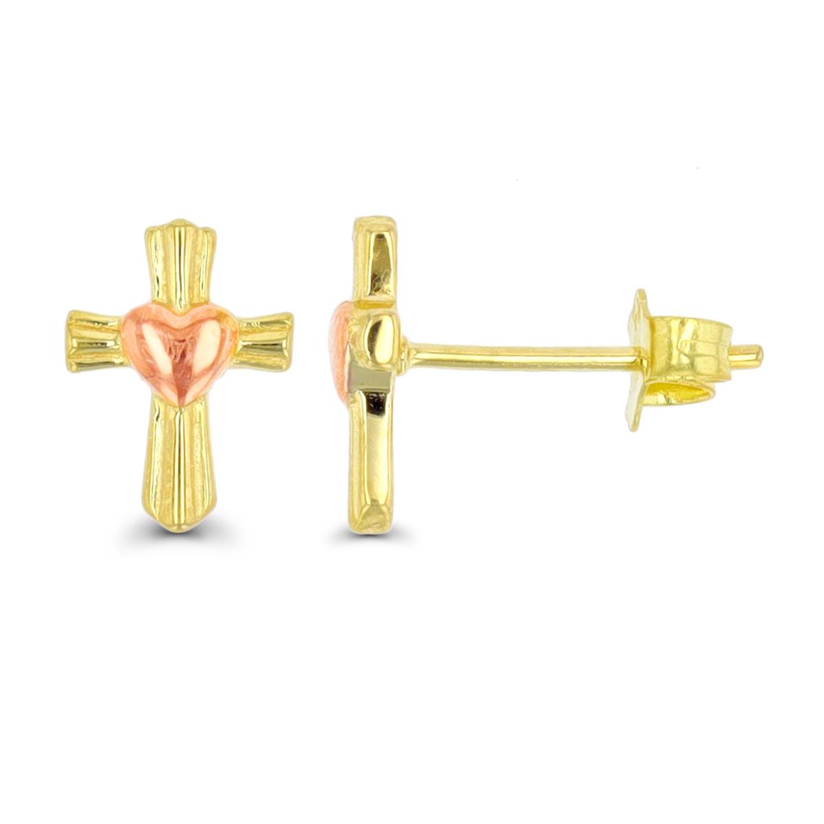 Sterling Silver Yellow & Rose 1 Micron 10X7MM Cross Heart Polished Stud Earring