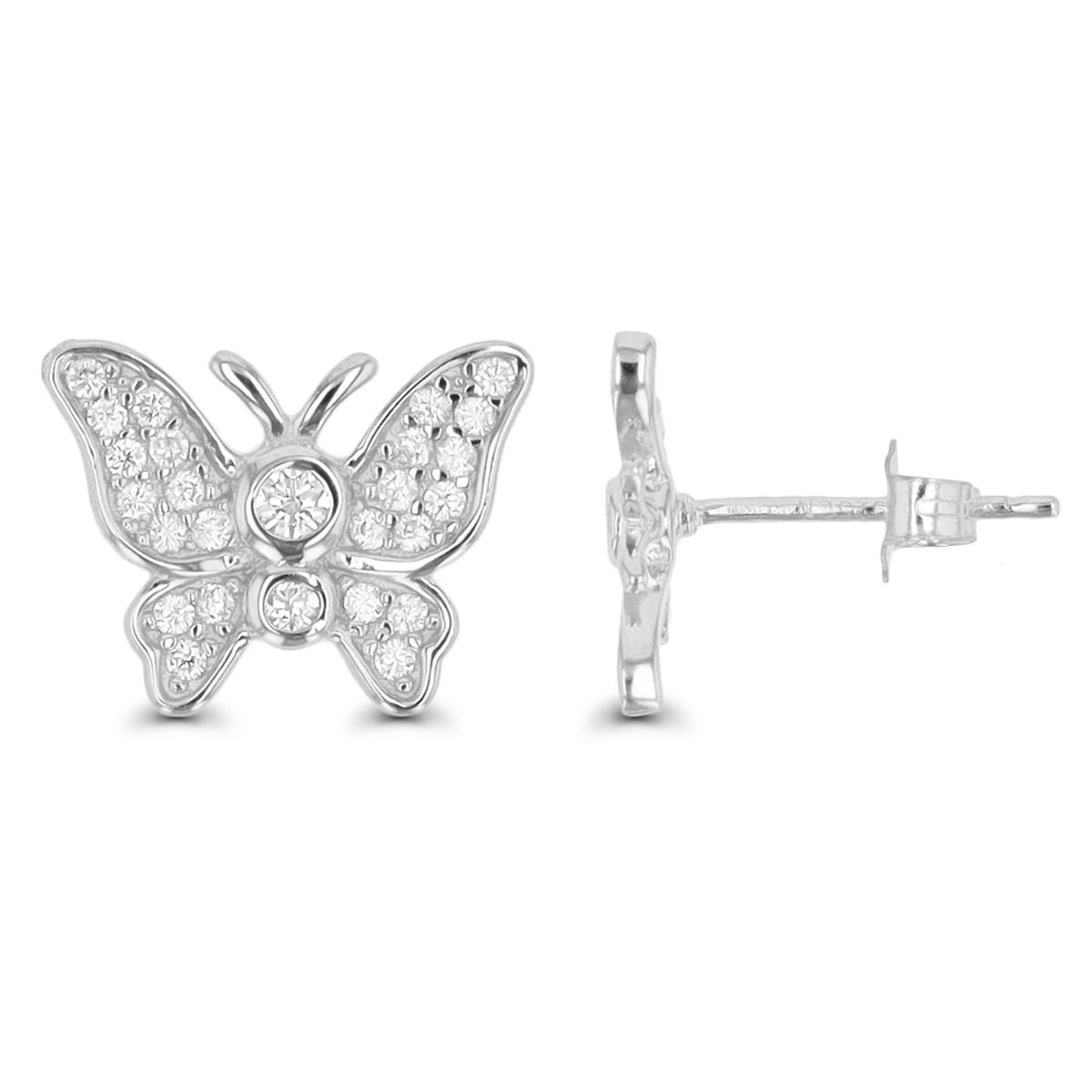 Sterling Silver Rhodium 12X9MM Butterfly Micropave White CZ Stud Earring