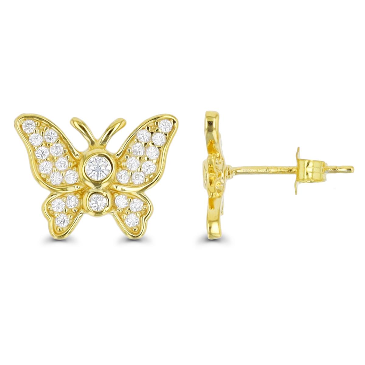 Sterling Silver Yellow 1 Micron 12X9MM Butterfly Micropave White CZ Stud Earring