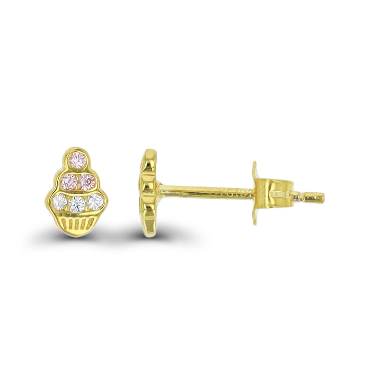 Sterling Silver Yellow 1 Micron 6X4.3MM Cupcake Pink & White CZ Stud Earring