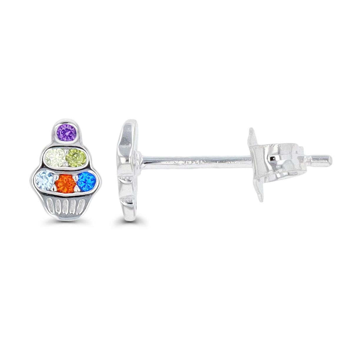 Sterling Silver Rhodium 6X4.3MM Cupcake Multicolor CZ Stud Earring