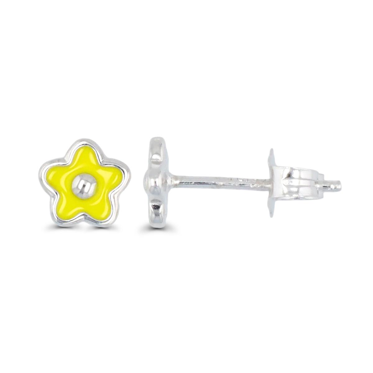 Sterling Silver Rhodium 5.8MM Enamel Yellow Flower Stud Earring
