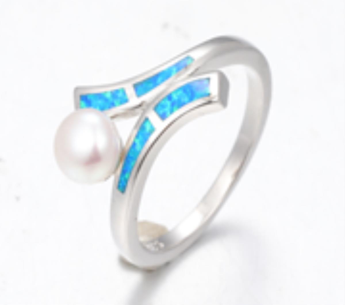 Sterling Silver Rhodium 6mm Pearl/ Cr. Opal Overlapping Ring