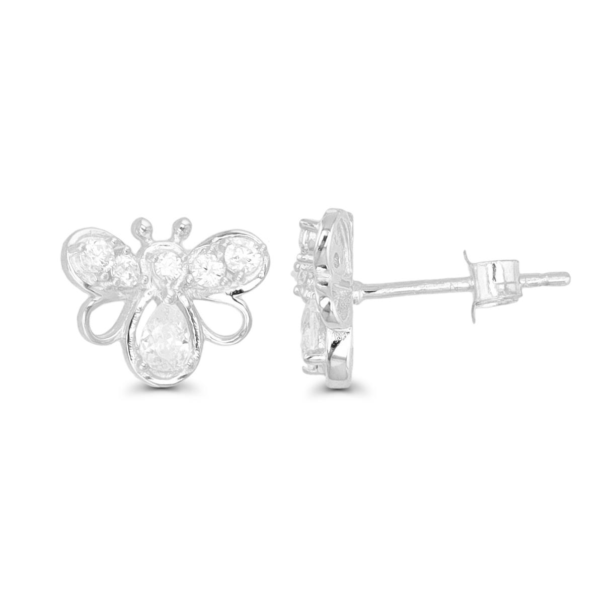 Sterling Silver Rhodium 12X9MM Polished Butterfly White CZ Stud Earring