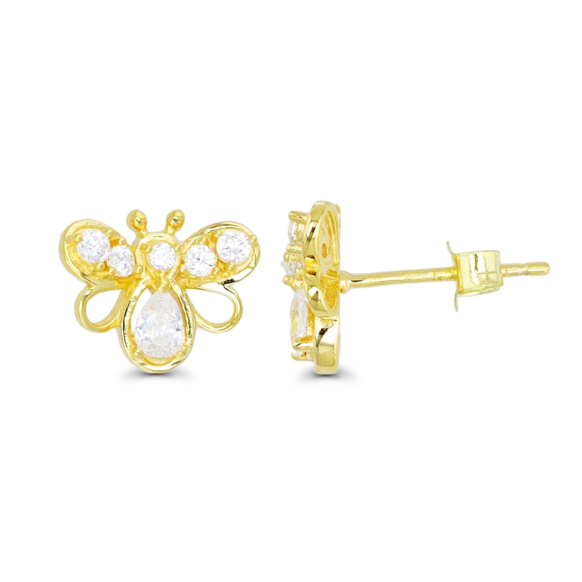 Sterling Silver Yellow 1 Micron 12X9MM Polished Butterfly White CZ Stud Earring