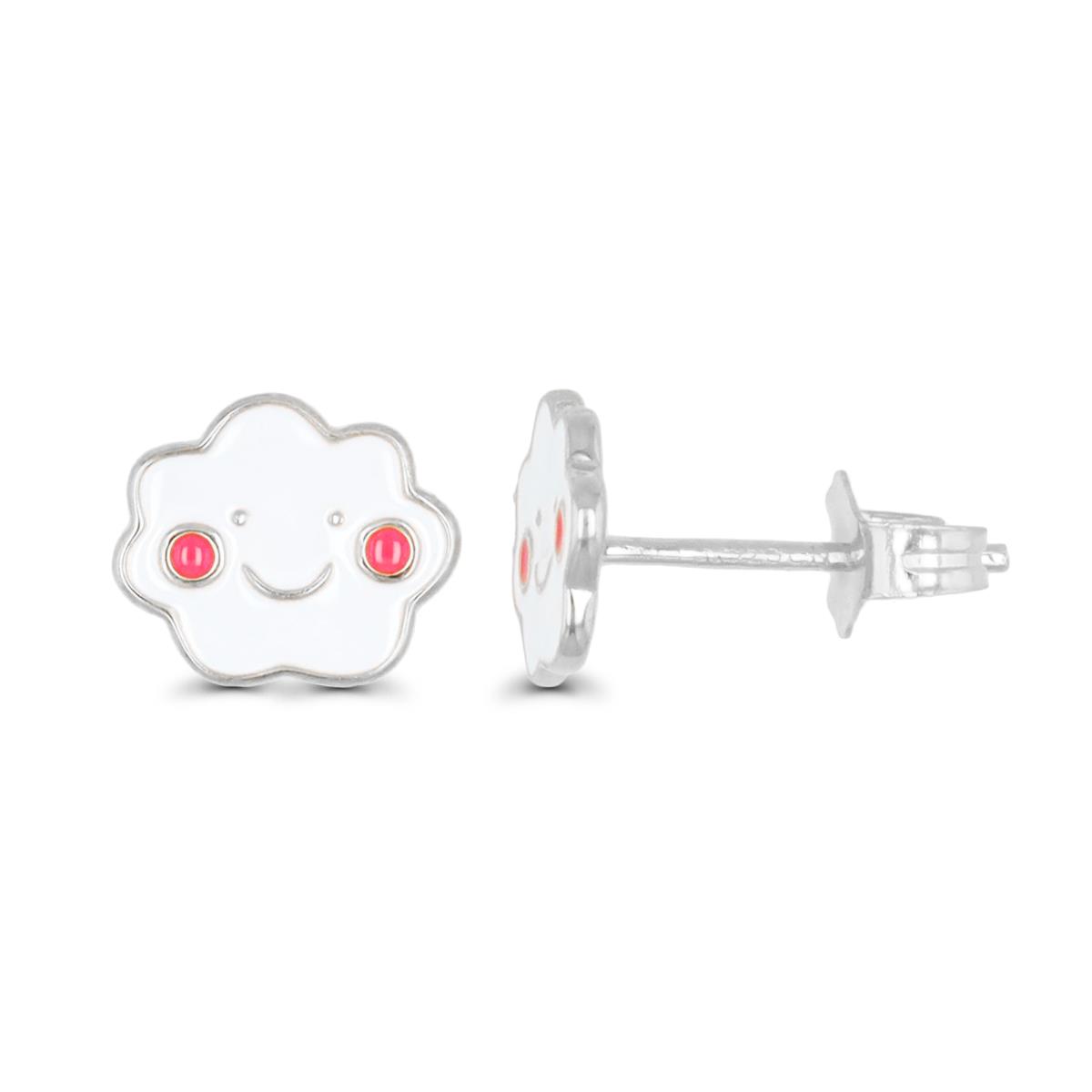 Sterling Silver Rhodium 9x8mm Cloud Enamel White & Pink Stud Earring