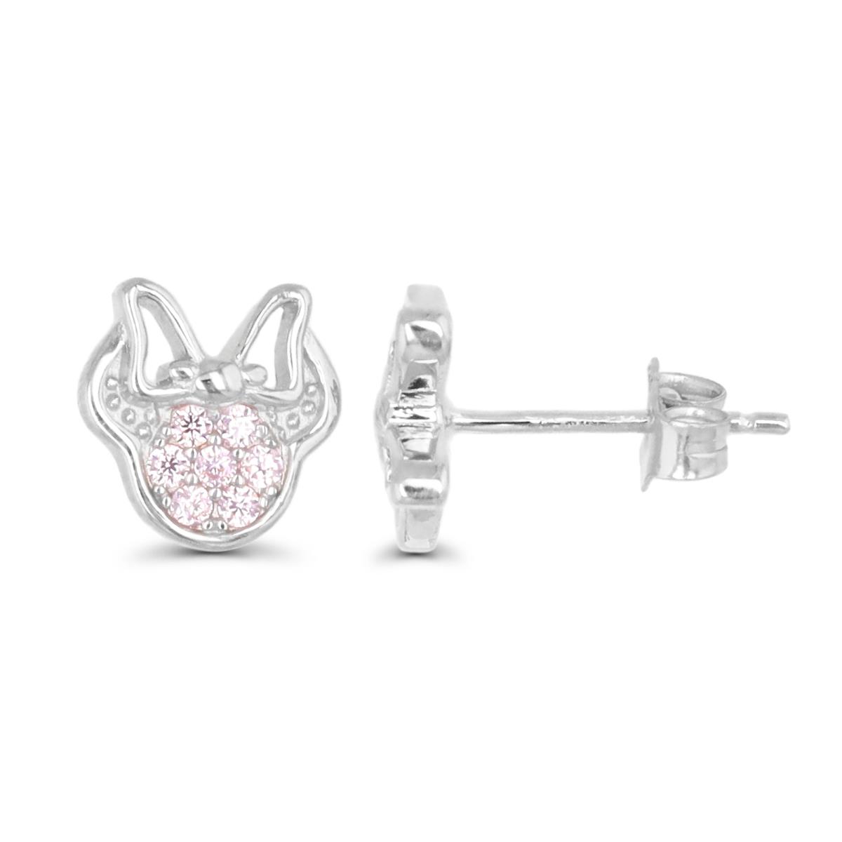 Sterling Silver Rhodium 10X10MM Cat Face  Pink CZ Stud Earring