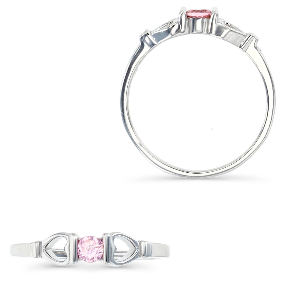 Sterling Silver Rhodium 3MM Solitaire Pink CZ Heart Polished Ring