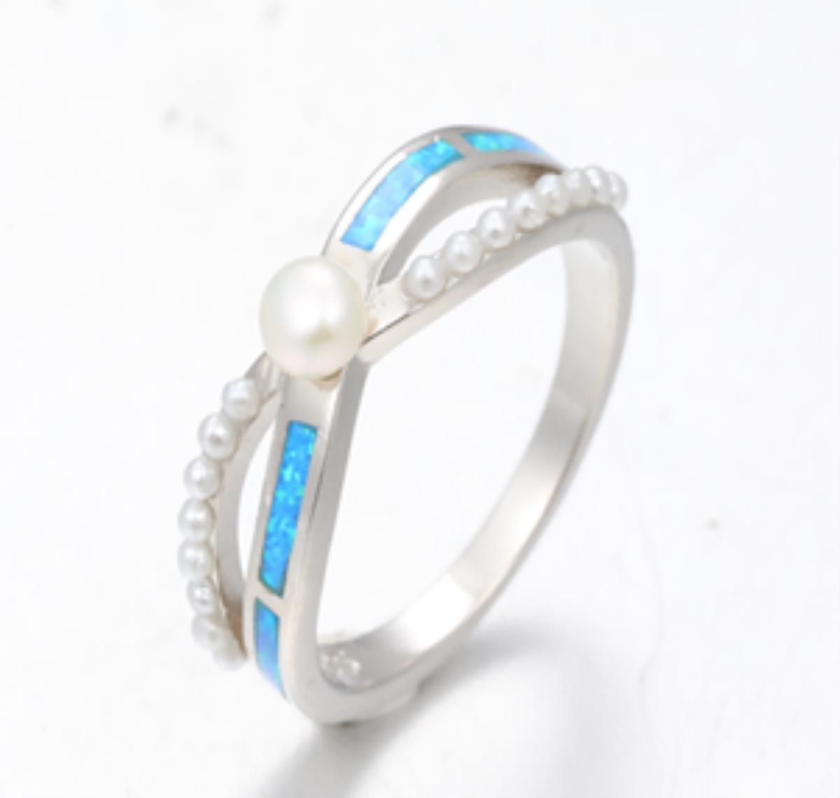Sterling Silver Rhodium Criss Cross 4mm Pearl/ Cr. Opal Ring