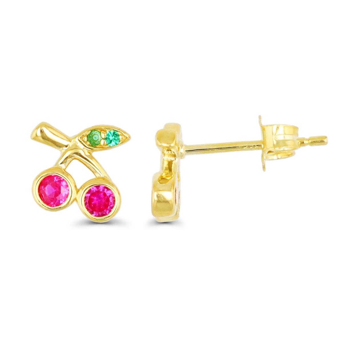 Sterling Silver Yellow 1 Micron 8X8MM  Cherry Polished Green Nano & #5 Ruby Stud Earring