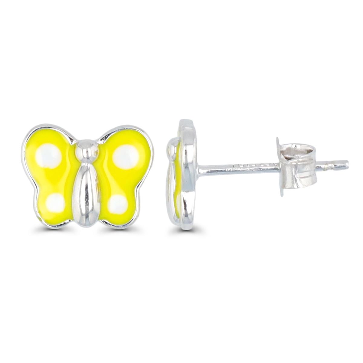 Sterling Silver Rhodium 10X8MM  Enamel Yellow & White Butterfly Stud Earring