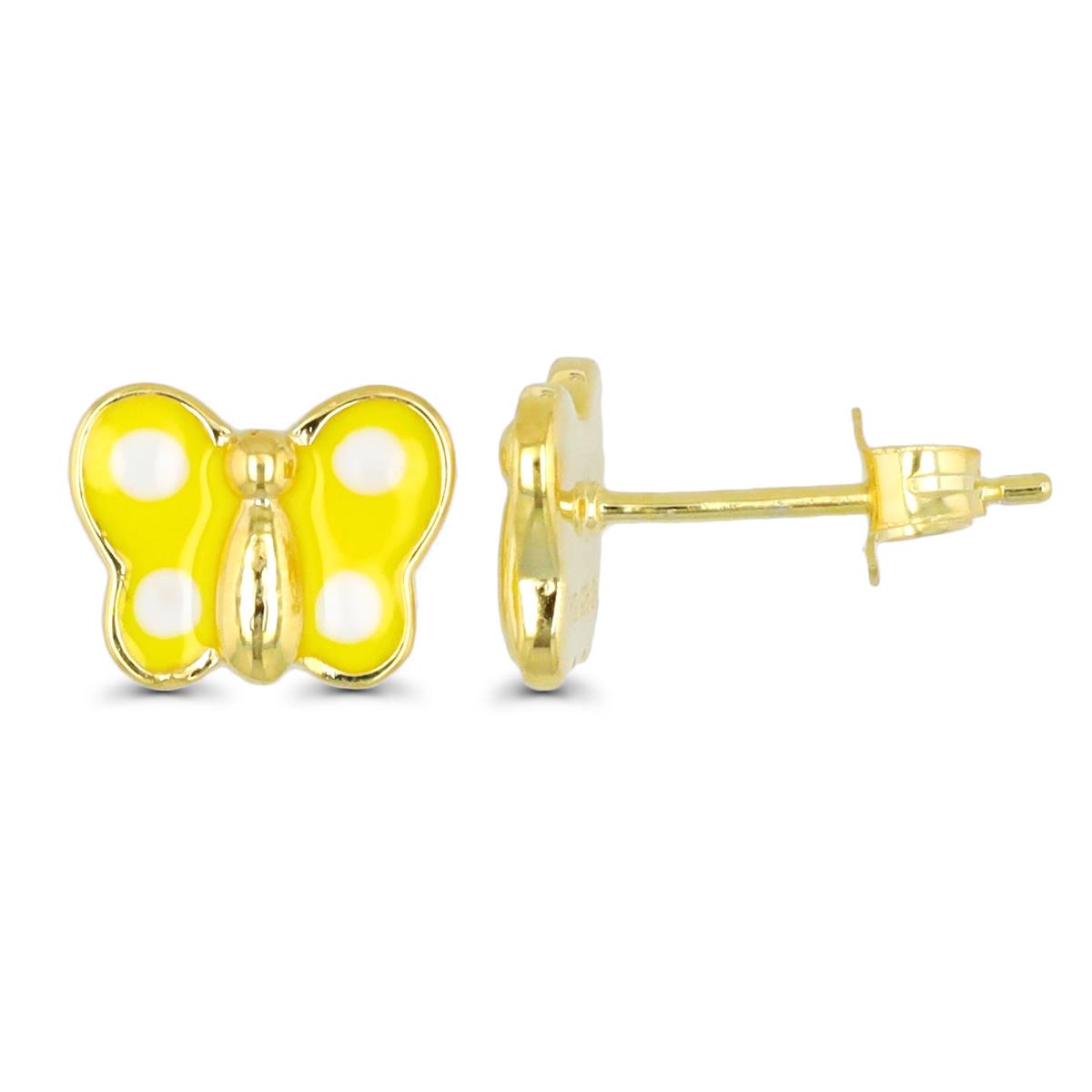 Sterling Silver Yellow 1 Micron 10X8MM  Enamel Yellow & White Butterfly Stud Earring