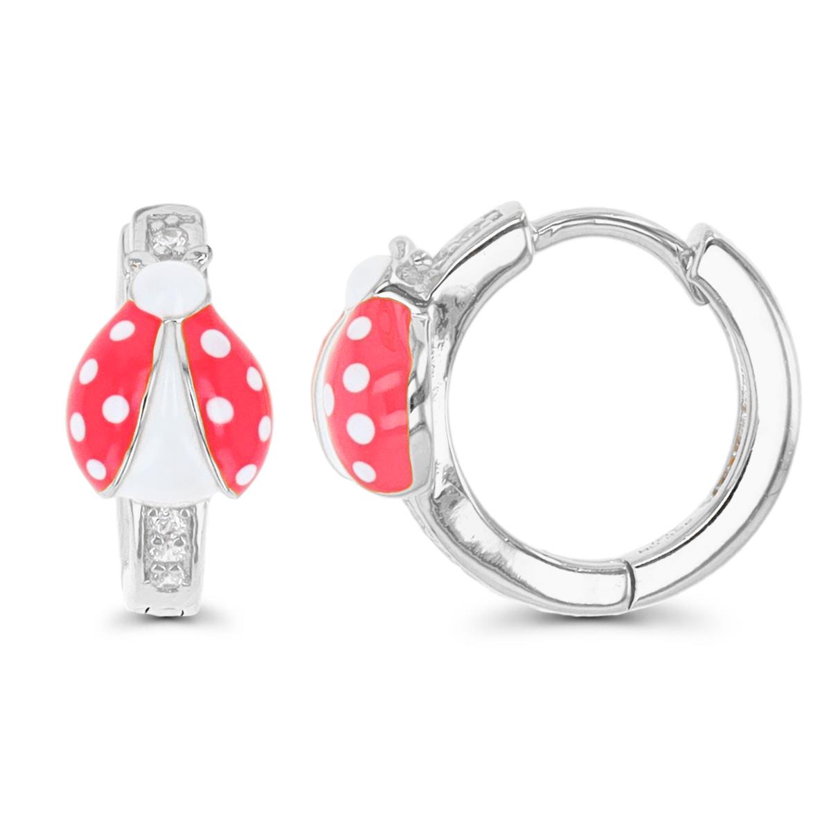 Sterling Silver Rhodium 14X7MM Ladybug White CZ  Enamel Pink & White Huggie Earring