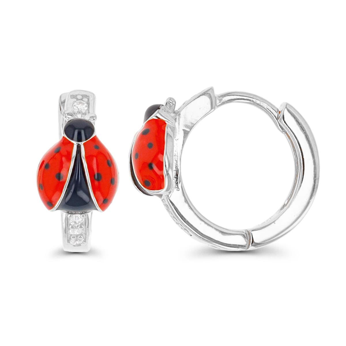Sterling Silver Rhodium 14X7MM Ladybug White CZ  Enamel Red & Black Huggie Earring