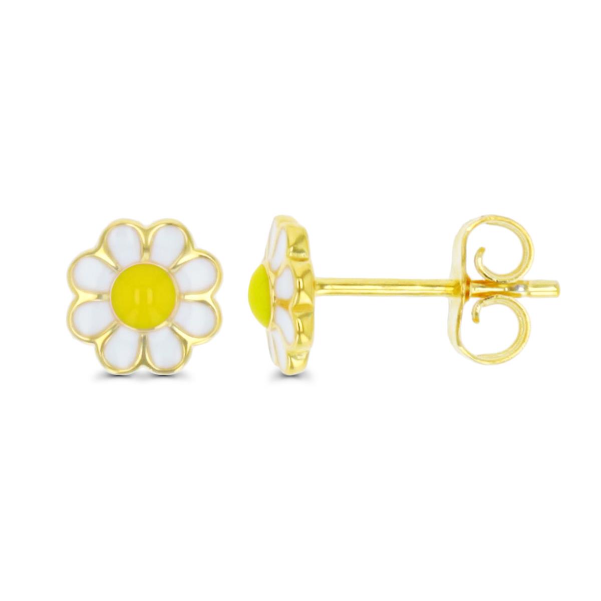 Sterling Silver Yellow 1 Micron 7MM Round Flower Enamel White & Yellow Stud Earring