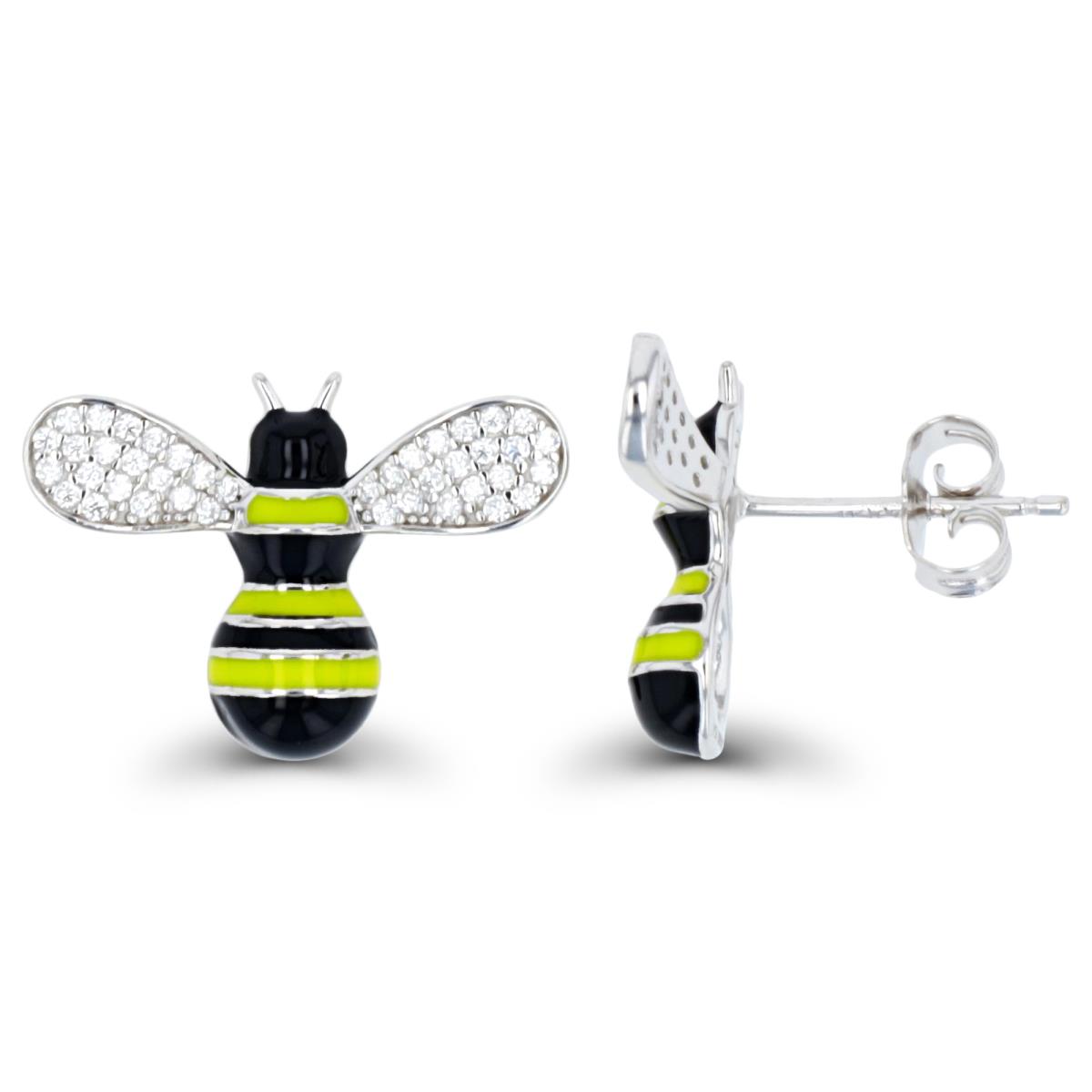 Sterling Silver Rhodium 20X14MM Bee White CZ Enamel Black & Yellow Stud Earring