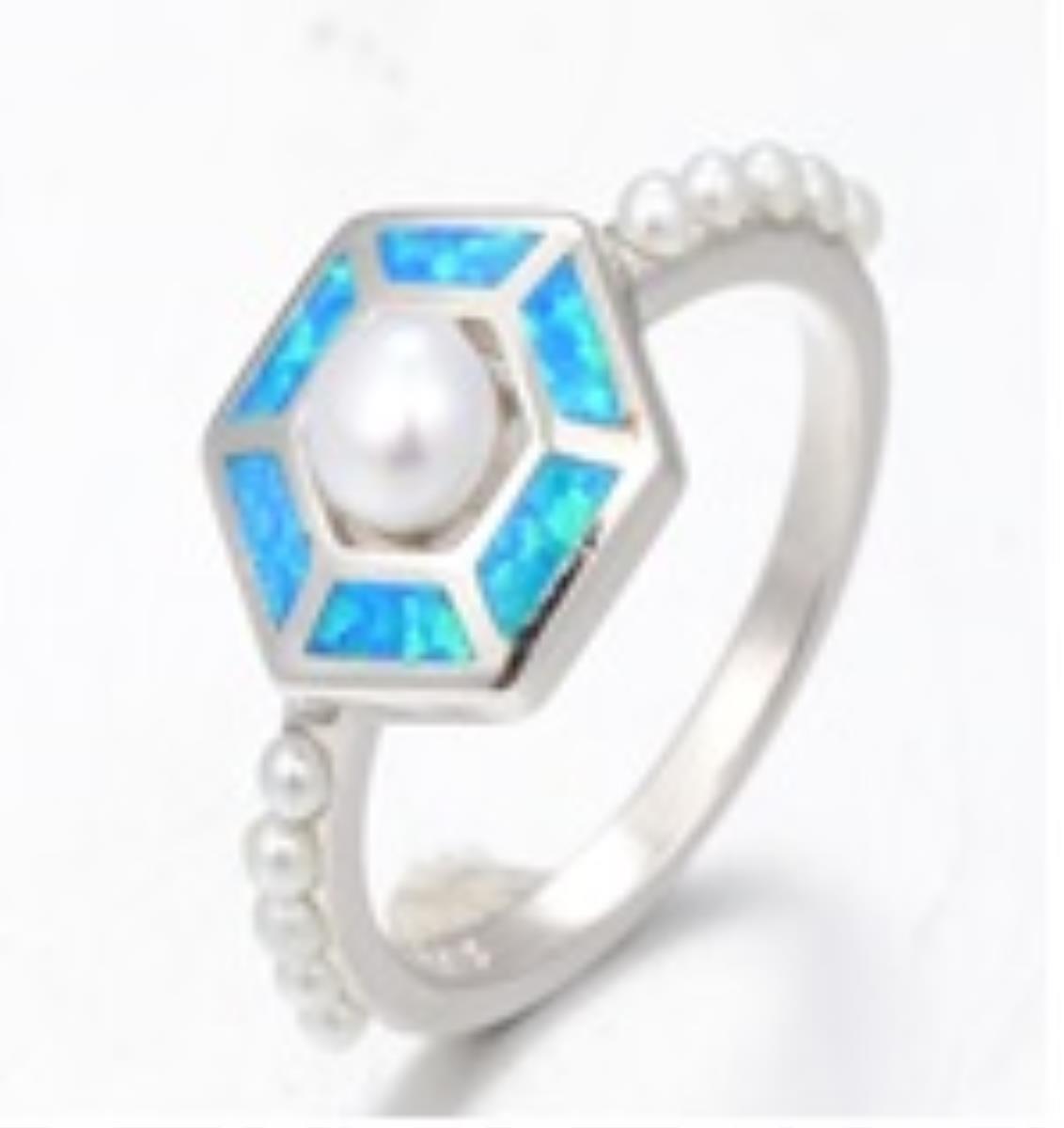 Sterling Silver Rhodium Hexagon Pearl/ Cr. Opal Fashion Ring