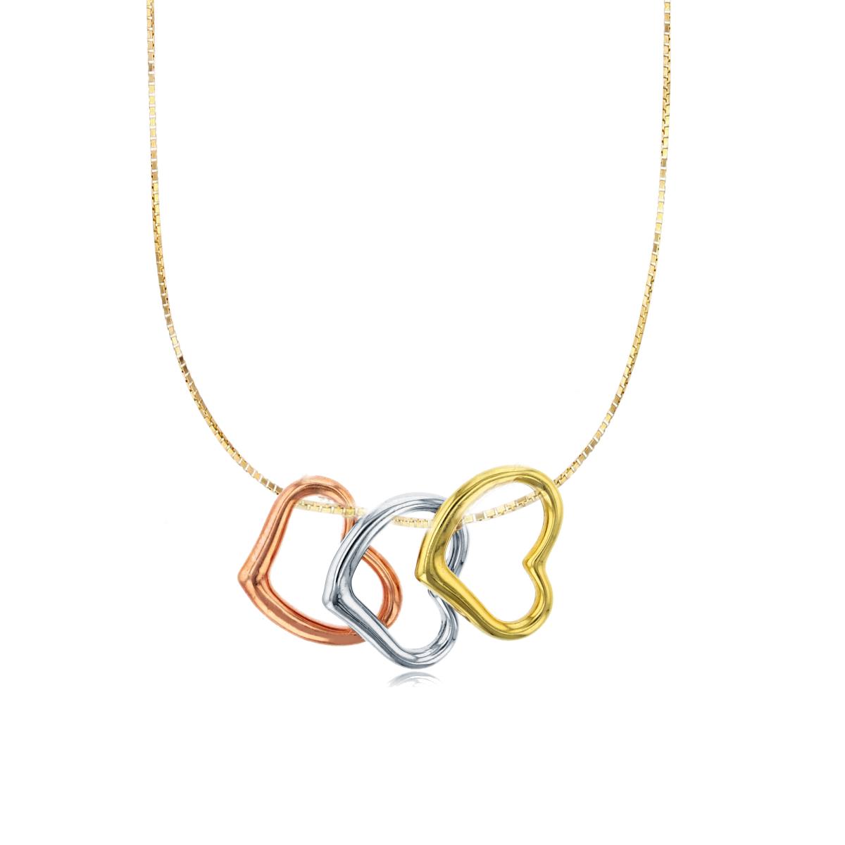 14K Tri-color Gold Dangling Triple Hearts 17" 030 Box Chain Necklace