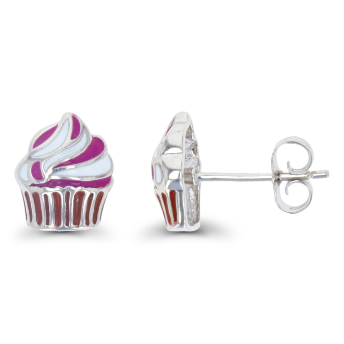 Sterling Silver Rhodium 10X9MM Cupcake Polished Enamel Lilic & White Stud Earring