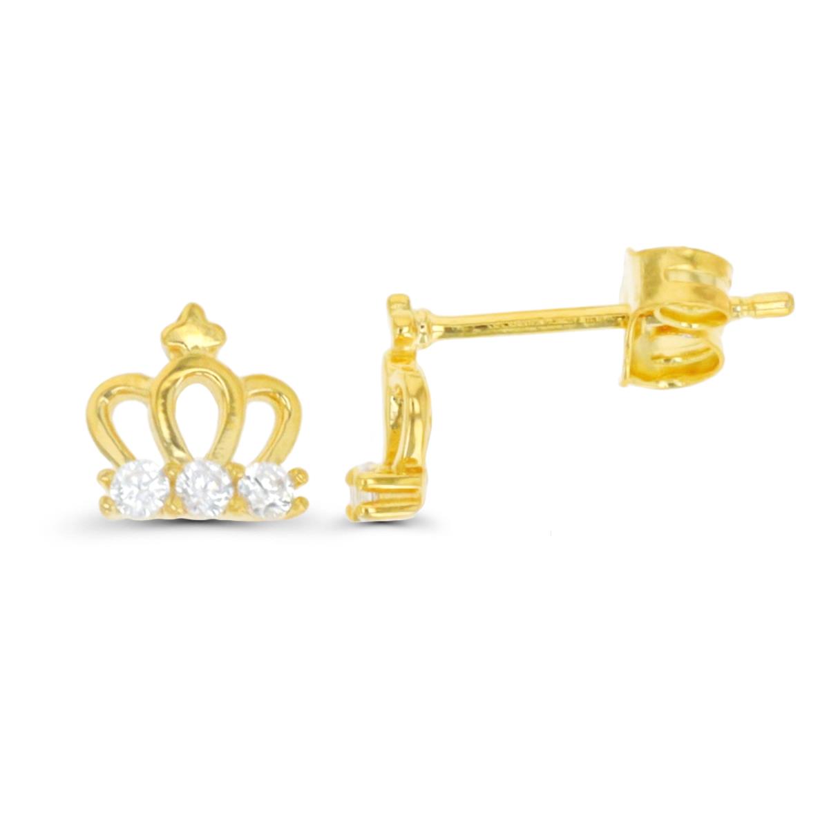 Sterling Silver Yellow 1 Micron 7X6MM Crown Polished White CZ Stud Earring