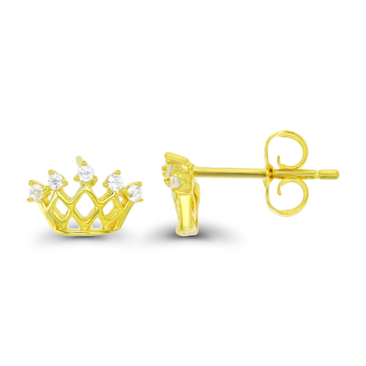 Sterling Silver Yellow 1 Micron 9X6.5MM Crown White CZ Stud Earring
