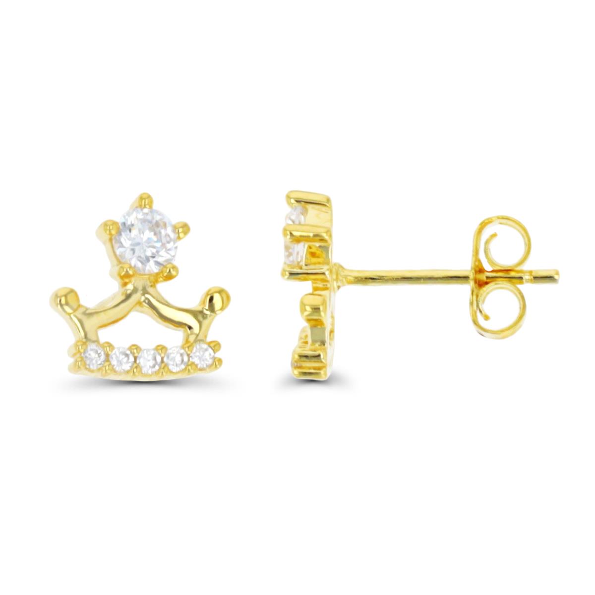 Sterling Silver Yellow 1 Micron 9.5MM White CZ Crown Stud Earring