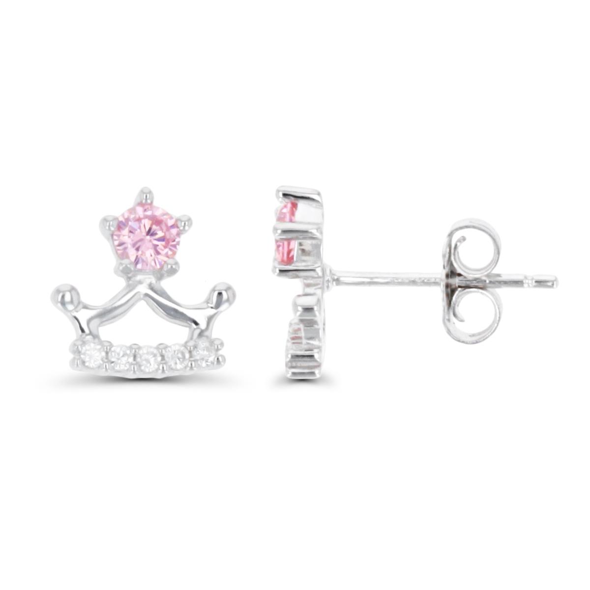 Sterling Silver Rhodium 9.5MM White & Pink CZ Crown Stud Earring