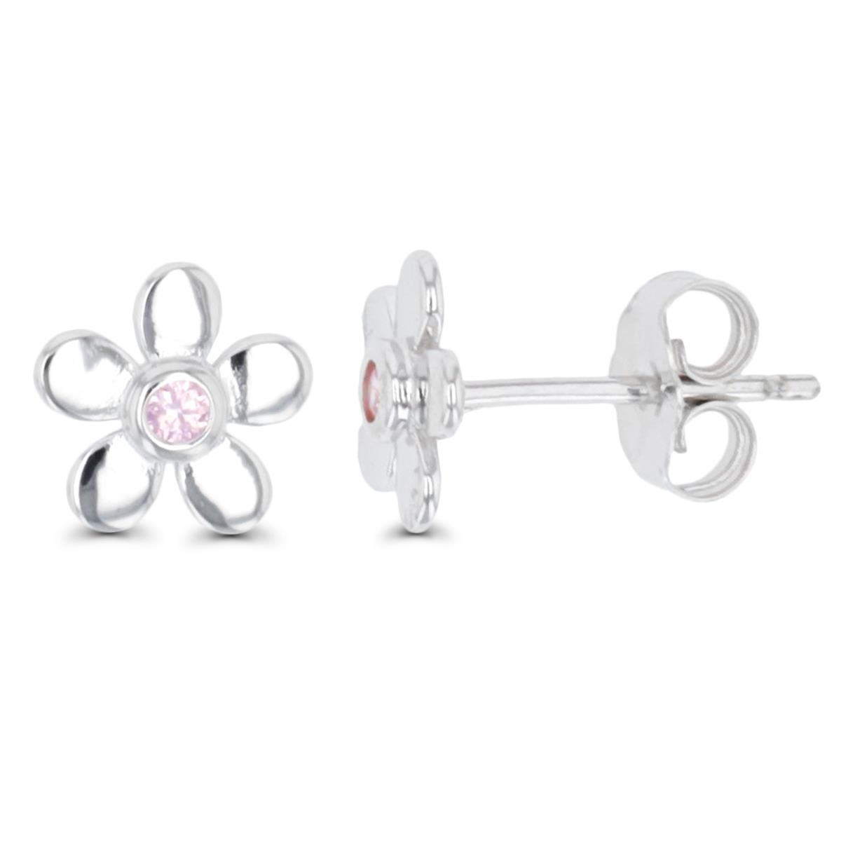 Sterling Silver Rhodium 8.4MM Solitire Bezel Flower Pink CZ Stud Earring