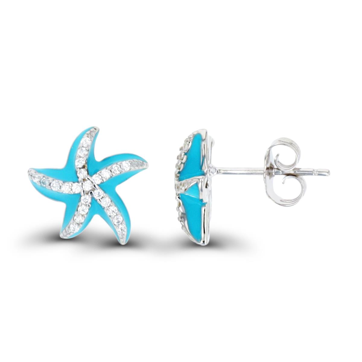 Sterling Silver Rhodium 12MM Stud  Light Blue Enamel & White CZ Starfish Earring
