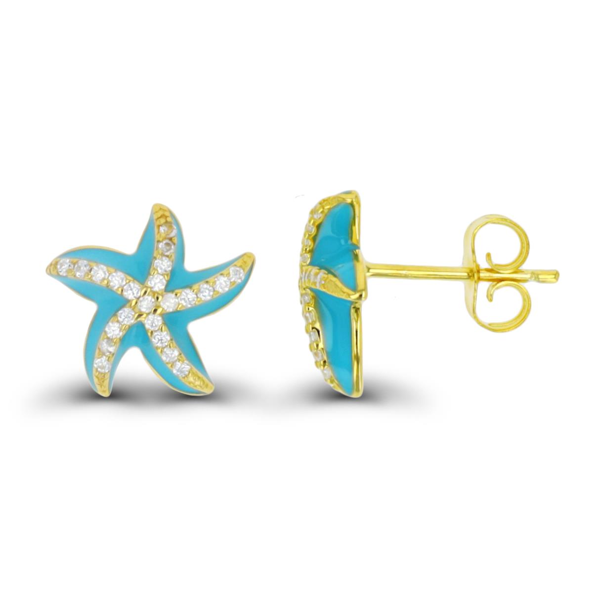 Sterling Silver Yellow 1 Micron 12MM Stud Light Blue Enamel & White CZ Starfish Earring