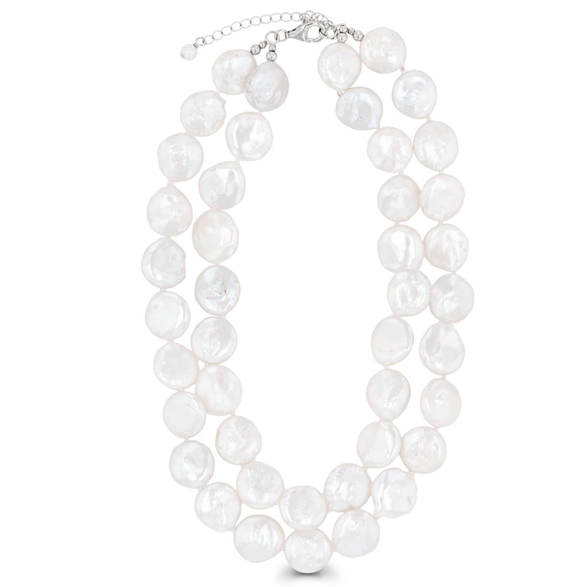Sterling Silver Rhodium 12-13mm Coin Pearls Double Strand 24"+2" Necklace