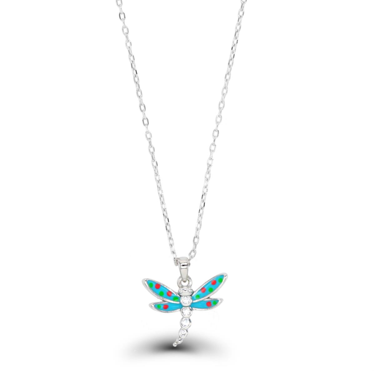 Sterling Silver Rhodium 14X13MM Dragonfly White CZ & Multicolor Enamel 13+2" Necklace