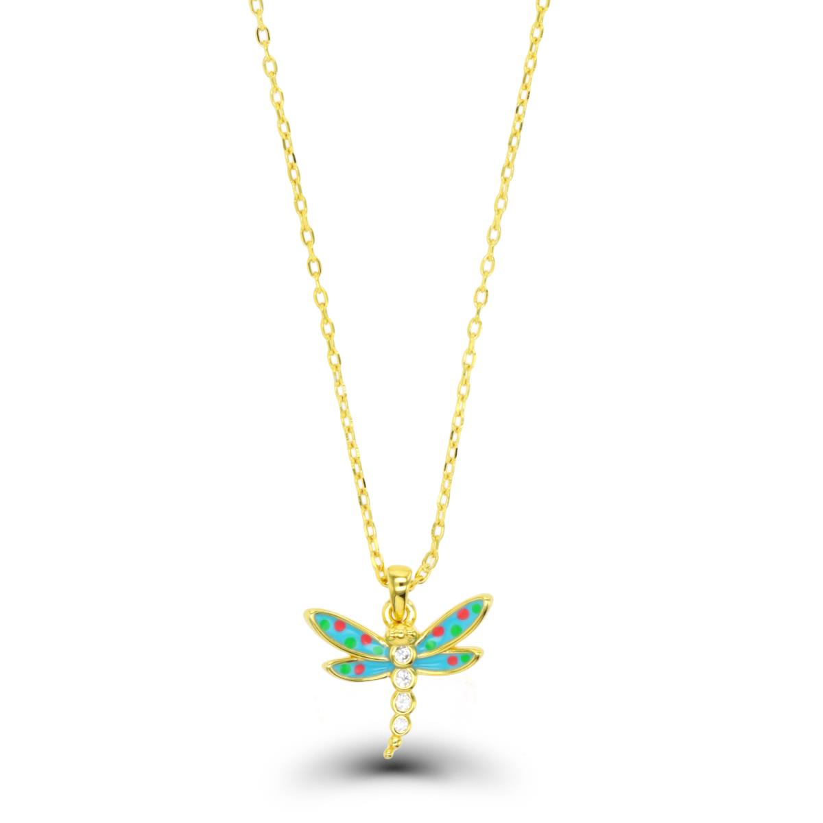 Sterling Silver Yellow 14X13MM Dragonfly White CZ & Multicolor Enamel 13+2" Necklace