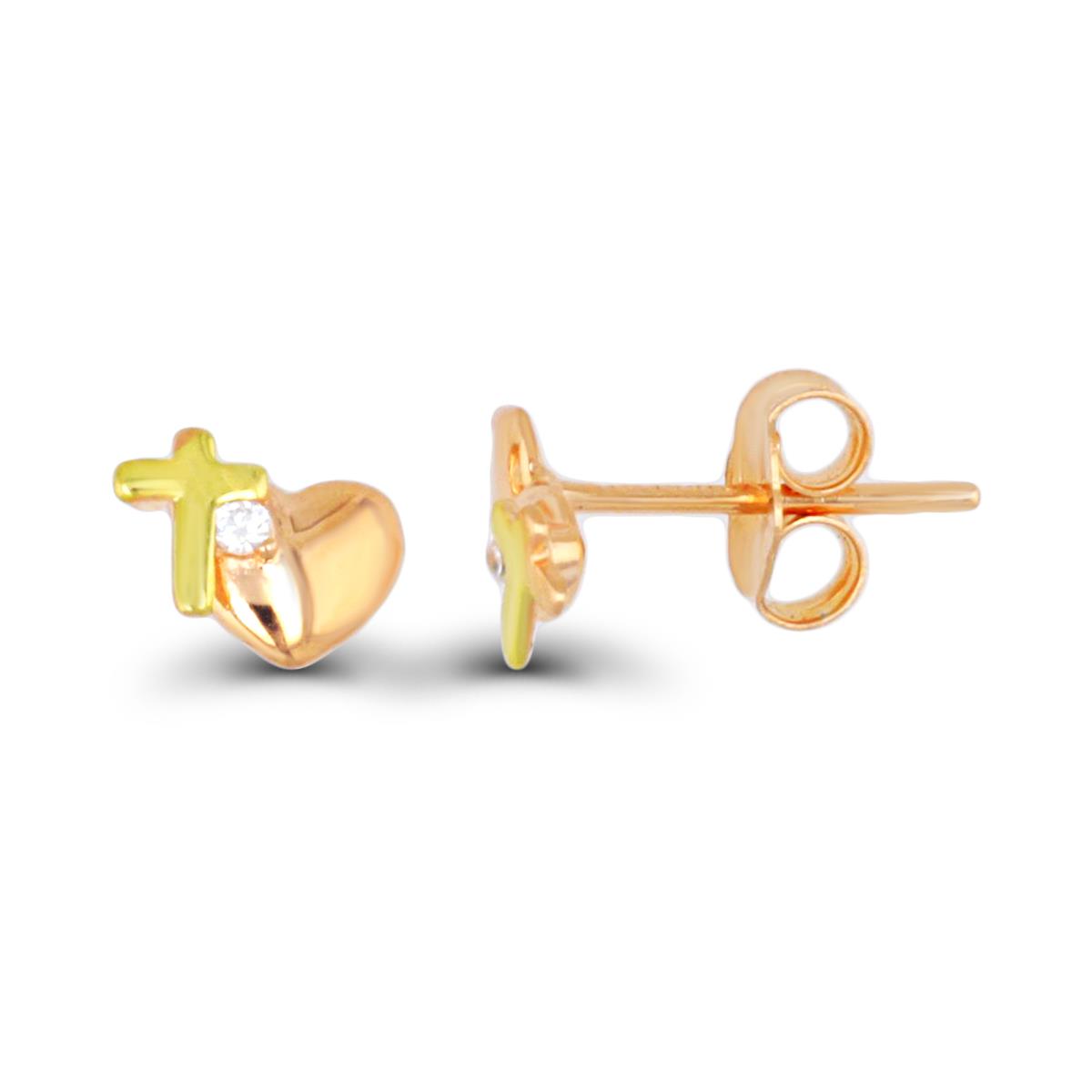Sterling Silver Rose & Yellow 1 Micron 8X5MM Heart Polished Cross Solitaire White CZ Stud Earring