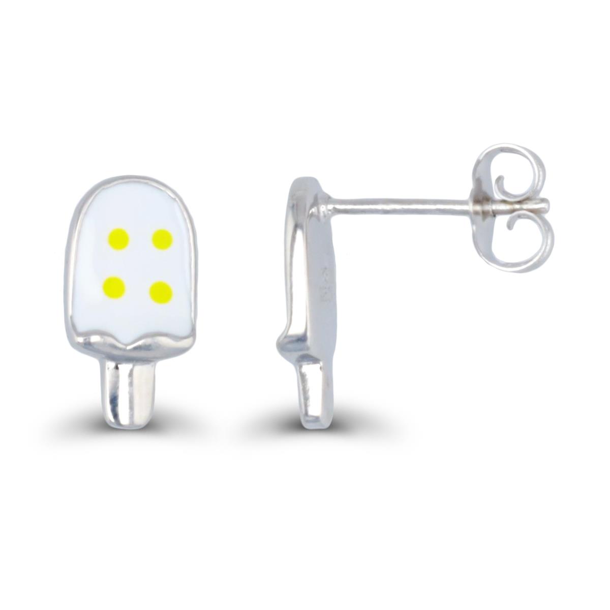 Sterling Silver Rhodium 13X7MM Polished Enamel Yellow & White Popsicle Stud Earring