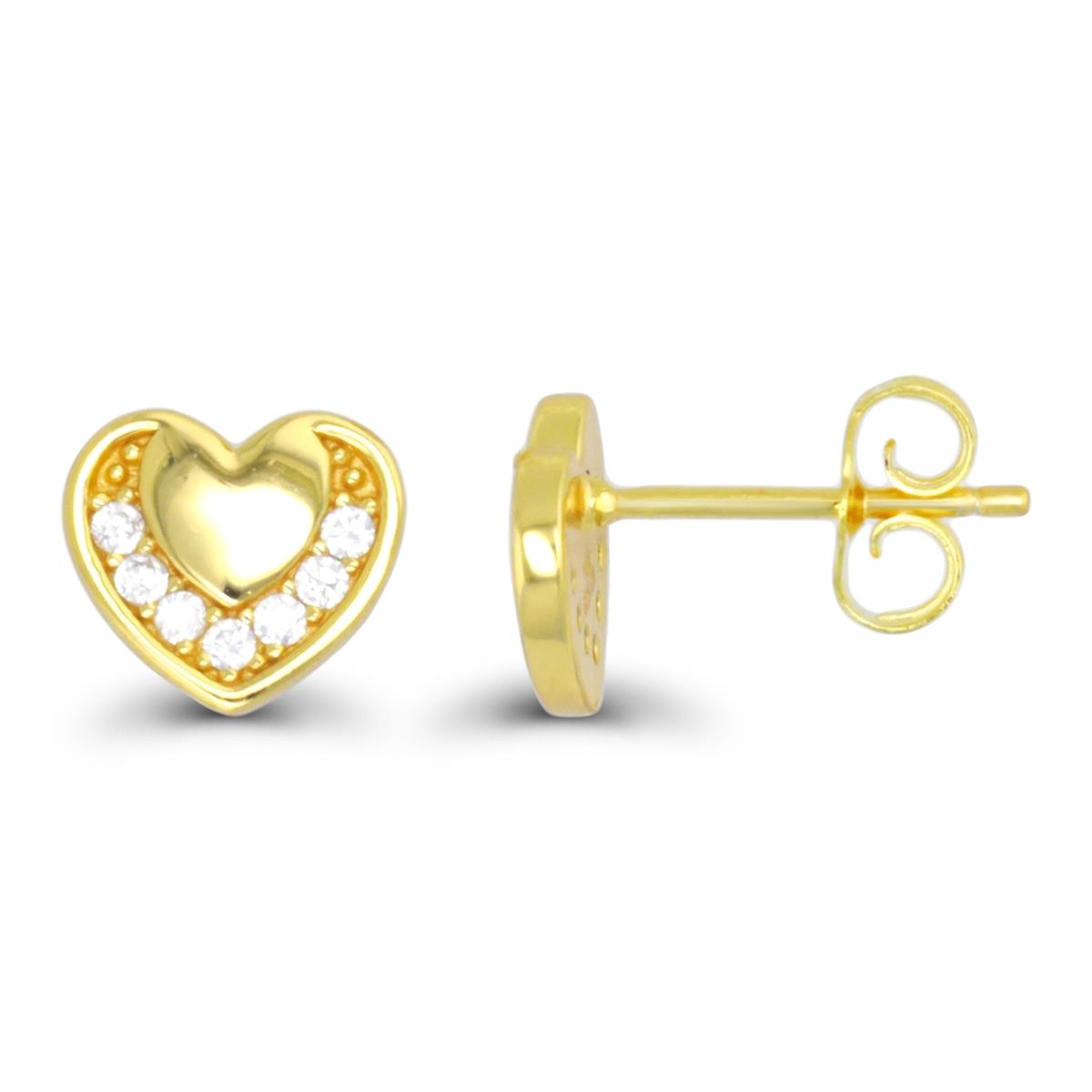 Sterling Silver Yellow 1 Micron 8x9mm Micropave & Polished Heart Stud Earring