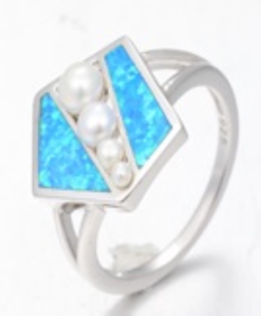 Sterling Silver Rhodium Pearl / Cr. Opal Trapezoid Ring