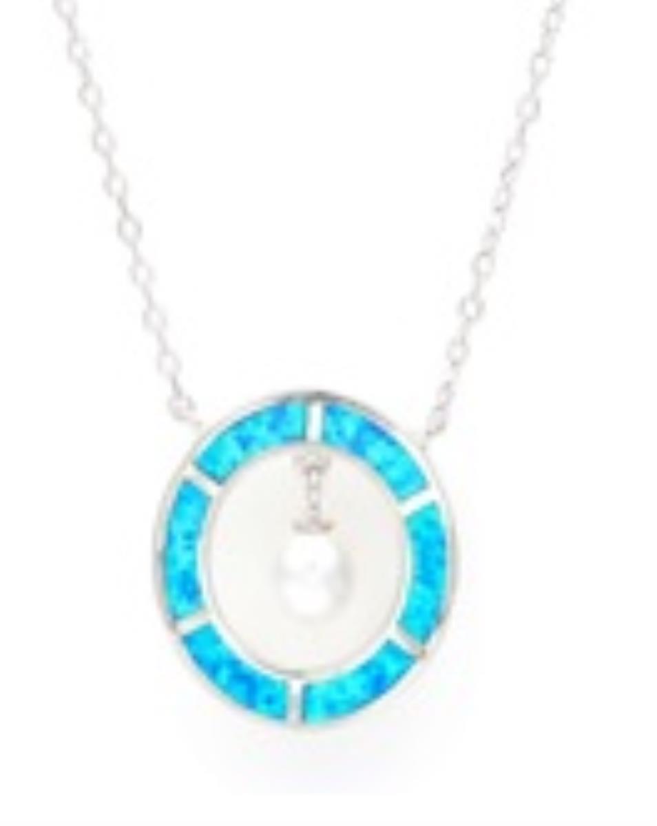 Sterling Silver Rhodium Dngl Pearl / Cr. Opal Circle 18" Necklace