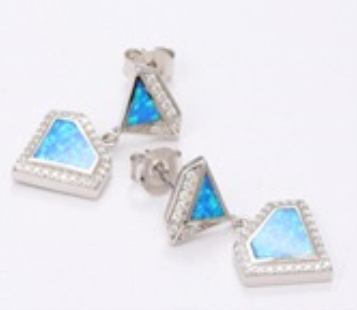Sterling Silver Rhodium Cr. Opal/ CZ Triangle Dangling Earring