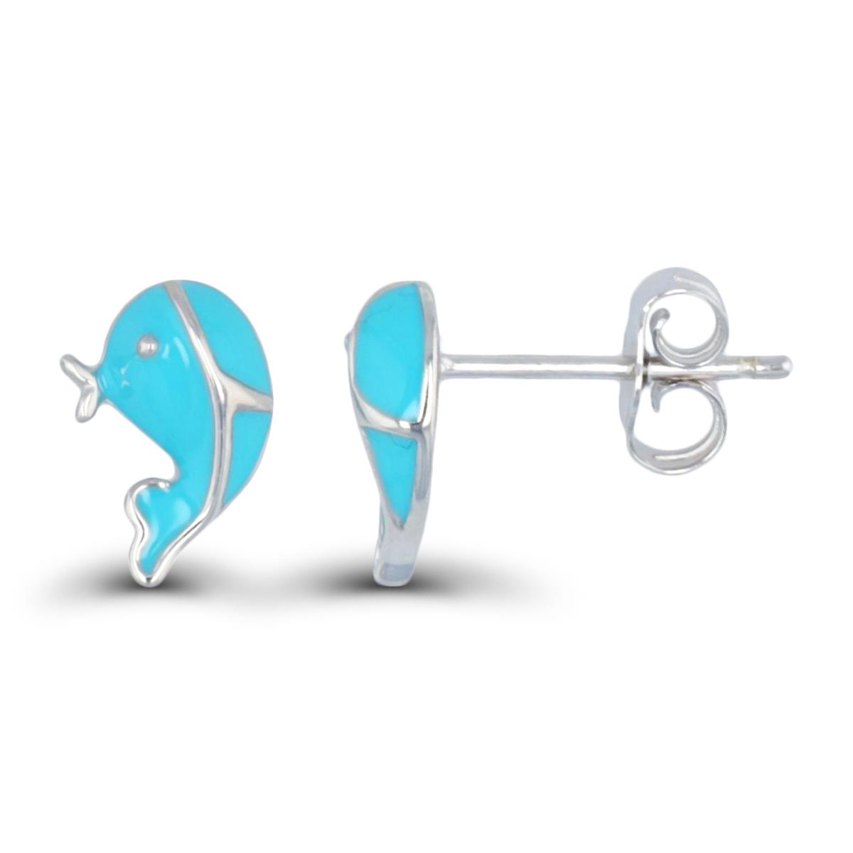 Sterling Silver Rhodium 10X6MM Enamel Blue Fish Stud Earring
