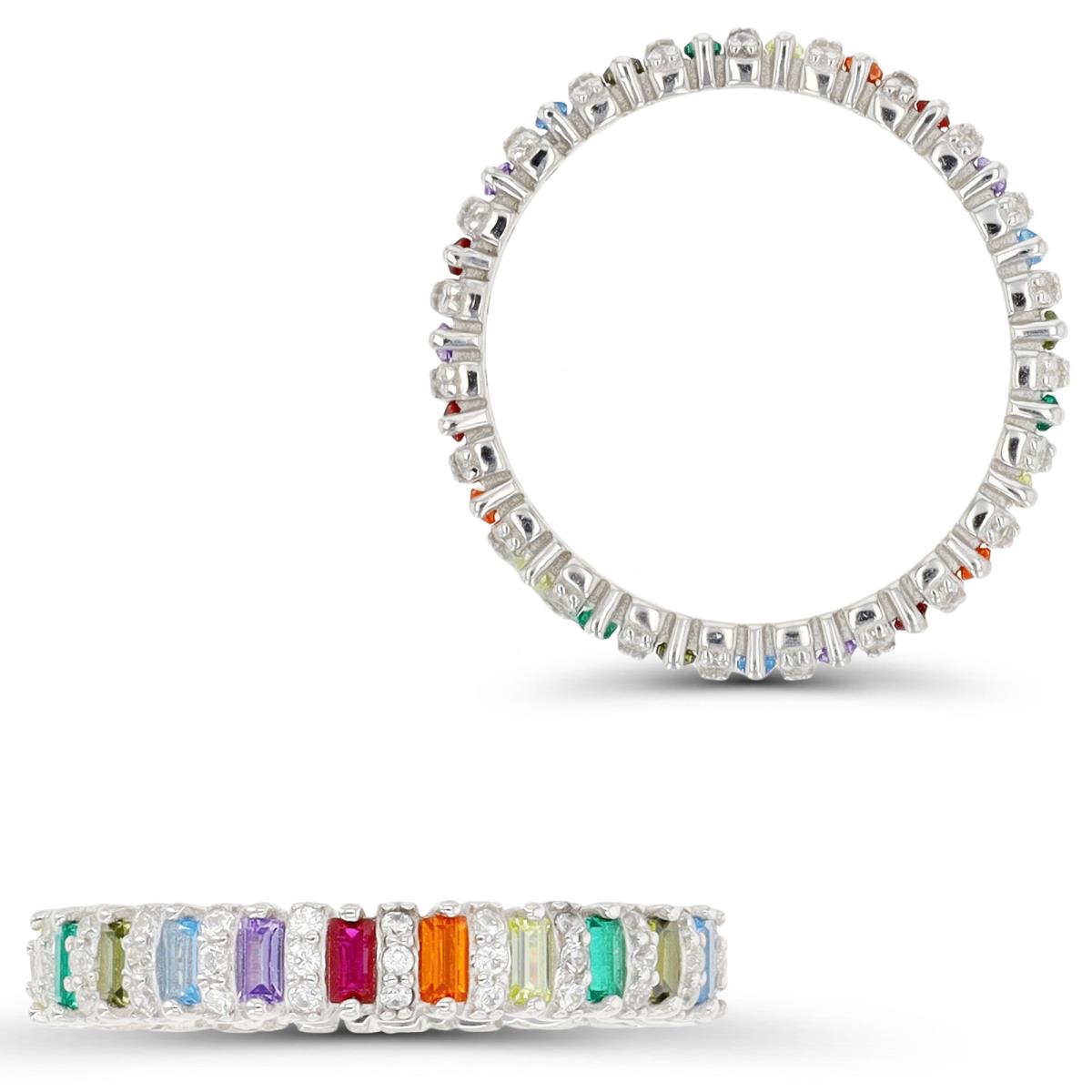 Sterling Silver Rhodium 3.3MM Eternity Straight Baguette Multicolor CZ Ring