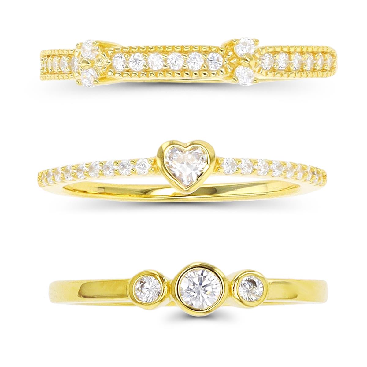 Sterling Silver Yellow Heart CZ, Triple Bezel & Two Sized Rd Anniversary Ring Set