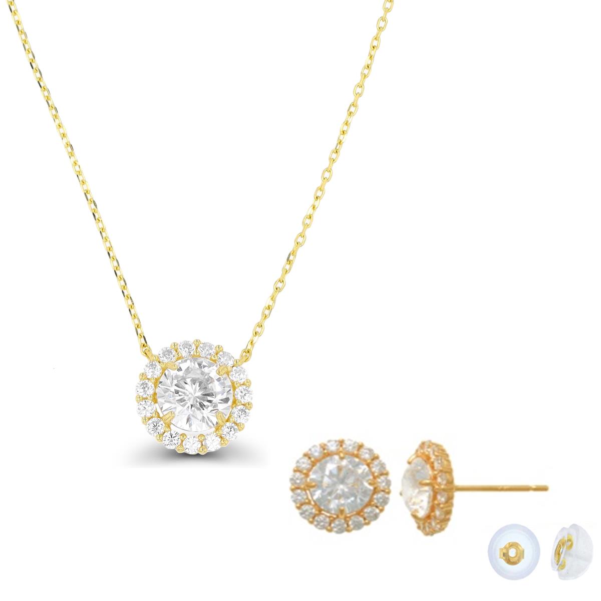 10K Yellow Gold 9;6mm Halo Round White CZ Necklace 16+2" & Stud Earring Set