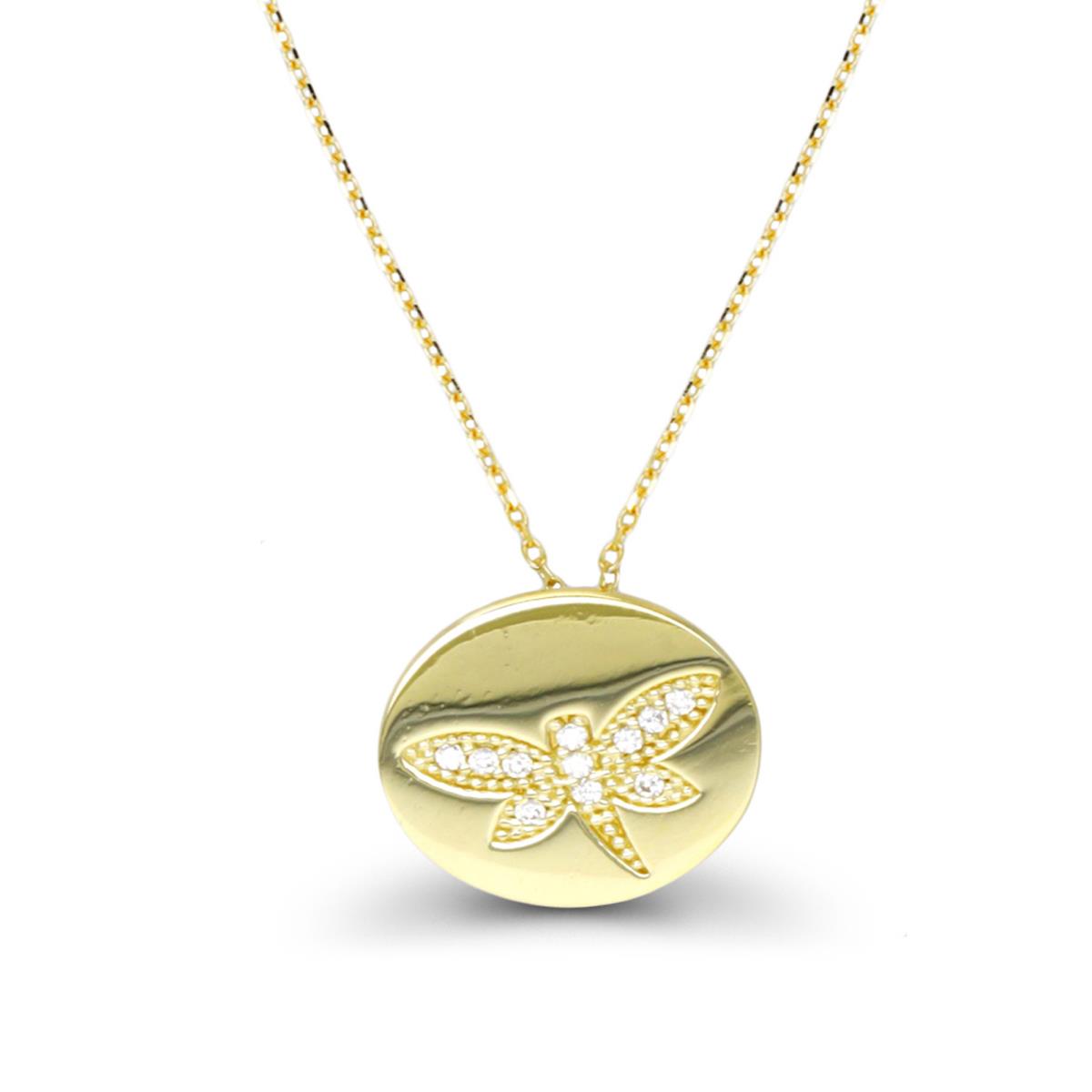 14K Yellow Gold Dragonfly Pave Polished Circle 16"+2" Necklace
