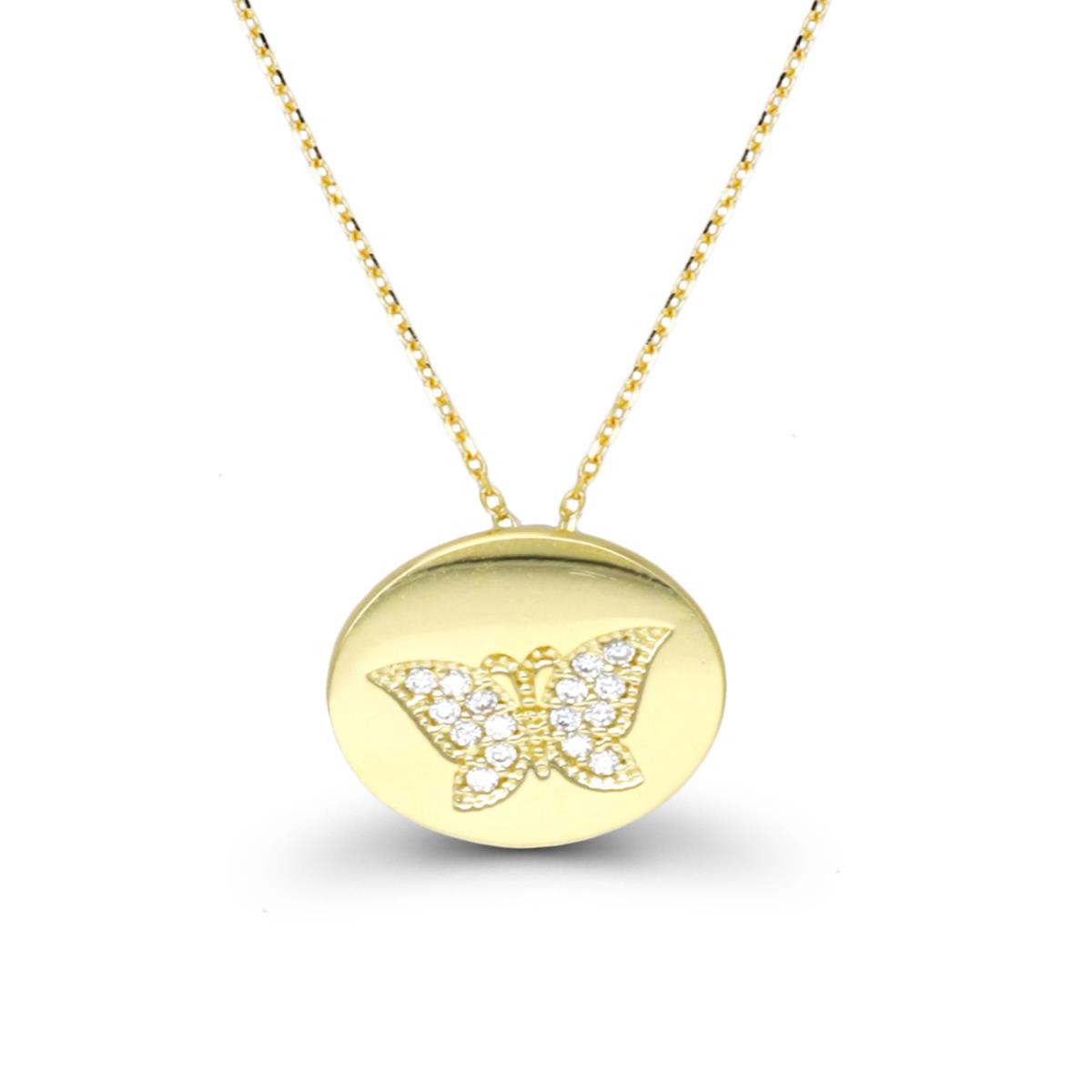 14K Yellow Gold Butterfly Pave Polished Circle 16"+2" Necklace