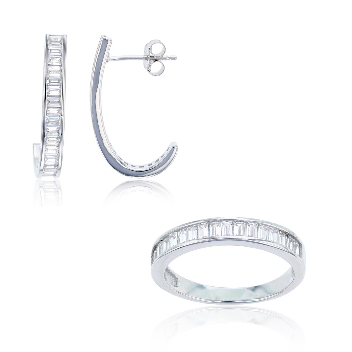 Sterling Silver Rhodium White Baguette CZ Eternity Ring & Earring Set
