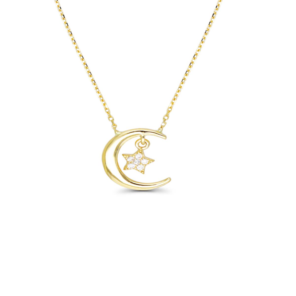 14K Yellow Gold Crescent Moon & Dangling Star 16"+2" Necklace